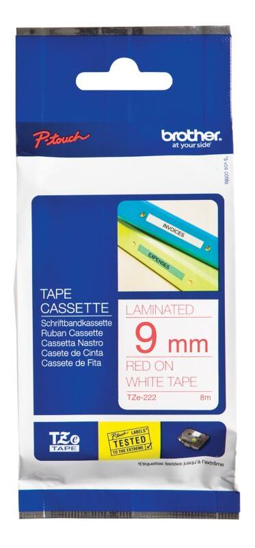 Brother TZe-222 Authentiek Labeltape Zelfklevend Rood op wit 9 mm x 8m