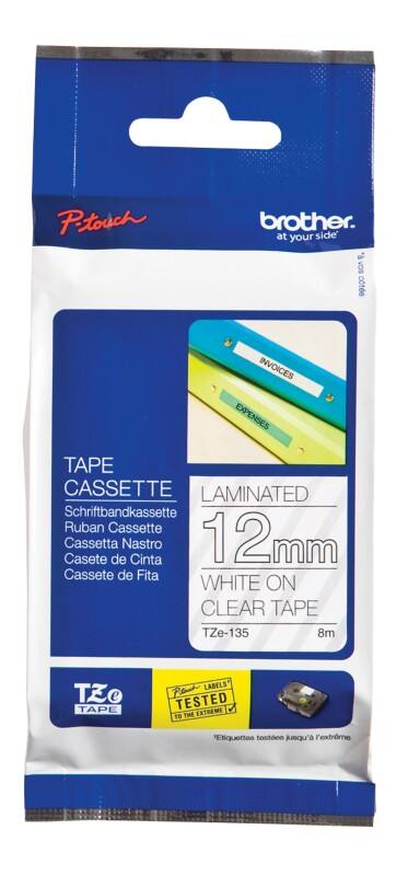 Brother TZe-135 Authentiek Labeltape Zelfklevend Wit op transparant 12 mm x 8m