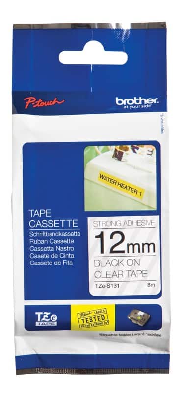 Brother TZe-S131 Authentiek Strong Adhesive Labeltape Zelfklevend Zwart op transparant 12 mm x 8m