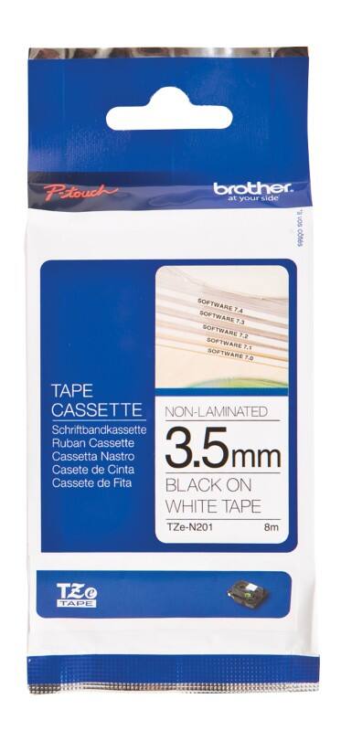 Brother Labeltape TZeN201 Zwart op Wit 3,5 mm x 8 m