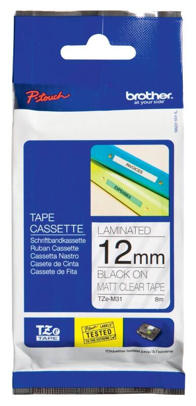 Brother TZe-M31 Authentiek Matt Labeltape Zelfklevend Zwart op transparant 12 mm x 8m