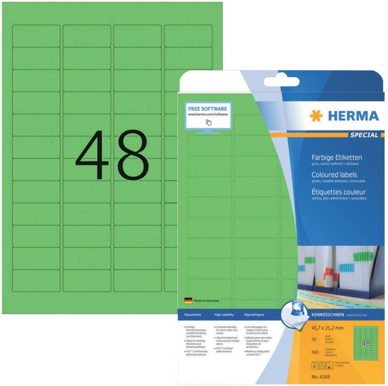 HERMA Etiketten 4369 Klevend A4 Groen 45,7 x 21,2 mm  20 Vellen à 48 Etiketten