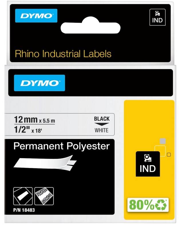 Dymo IND S0718210 / 18483 Authentiek Rhino Polyester Labeltape Zelfklevend Zwart op wit 12 mm x 5.5m