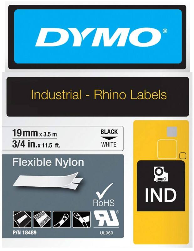 Dymo IND S0718120 / 18489 Authentiek Rhino Flexibel Nylon Labeltape Zelfklevend Zwart op wit 19 mm x 3.5m