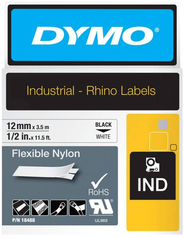 Dymo IND S0718100 / 18488 Authentiek Rhino Flexibel Nylon Labeltape Zelfklevend Zwart op wit 12 mm x 3.5m