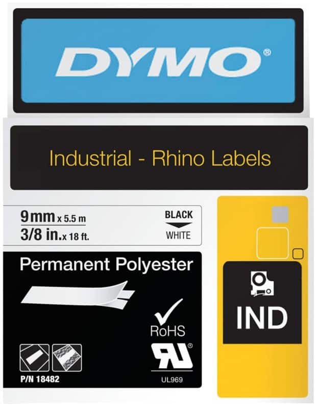 DYMO IND S0718240 Permanente polyestertape Rhino Zelfklevend Zwart op Wit 9 mm x 5,5 m