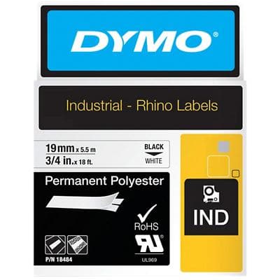 Dymo IND S0718220 / 18484 Authentiek Rhino Polyester Labeltape Zelfklevend Zwart op wit 19 mm x 5.5m