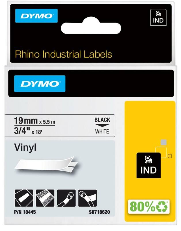 Dymo IND S0718620 / 18445 Authentiek Rhino Vinyl Labeltape Zelfklevend Zwart op wit 19 mm x 5.5m