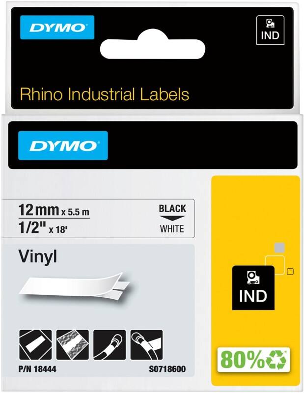 Dymo IND S0718600 / 18444 Authentiek Rhino Vinyl Labeltape Zelfklevend Zwart op wit 12 mm x 5.5m