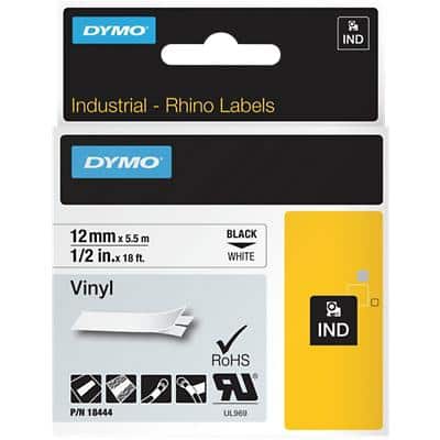 Dymo IND S0718600 / 18444 Authentiek Rhino Vinyl Labeltape Zelfklevend Zwart op wit 12 mm x 5.5m