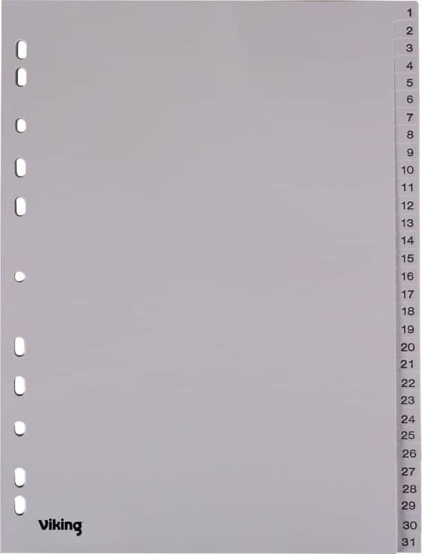 Viking 1 tot 31 Numerieke tabbladen A4 Grijs 31 tabs PP (Polypropeen) 11 Gaten 400194964