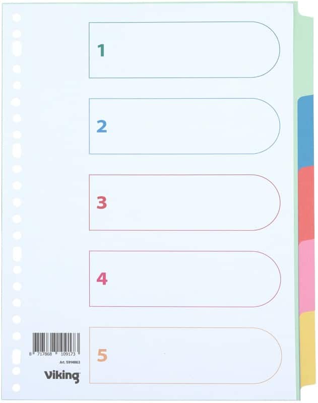 Viking Standard Blanco tabbladen 100% Gerecycled A4 Kleurenassortiment 5 tabs 160 g/m² Manilla 23 Gaten 5 Vellen