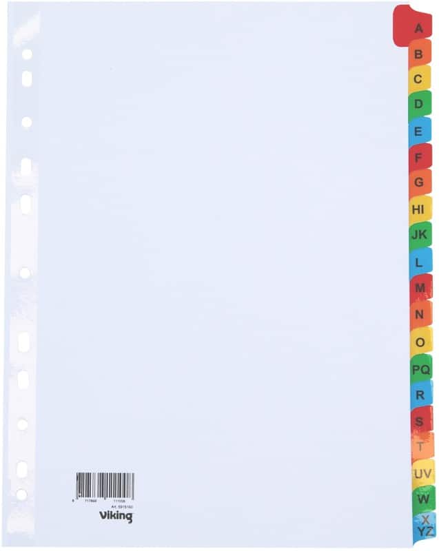 Viking Mylar A - Z Alfabetische tabbladen A4 Kleurenassortiment 20 tabs Karton 11 Gaten