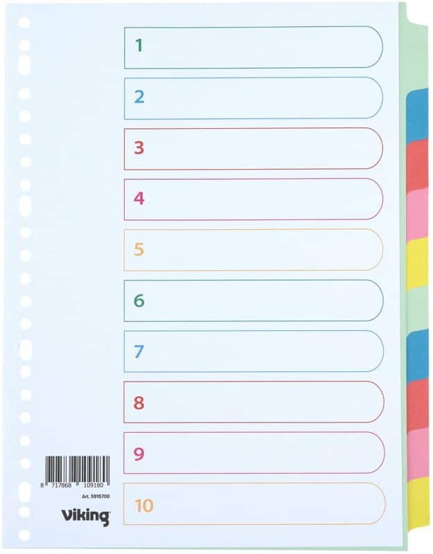 Viking Standard Blanco tabbladen 100% Gerecycled A4 Kleurenassortiment 10 tabs 160 g/m² Manilla 23 Gaten 10 Vellen