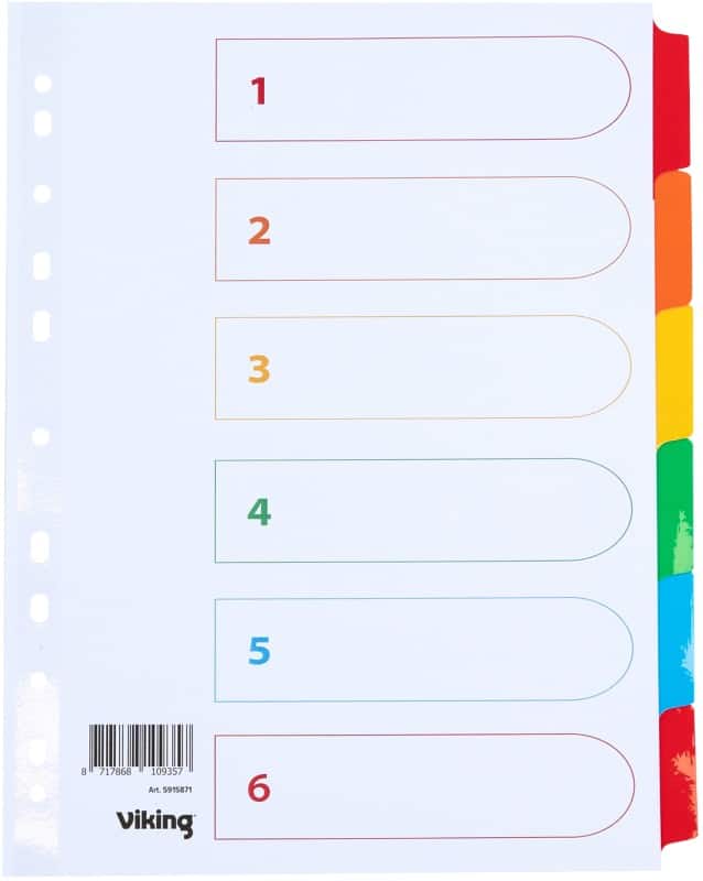 Viking Mylar Blanco tabbladen A4 Kleurenassortiment 6 tabs Karton 11 Gaten 28090 6 Vellen