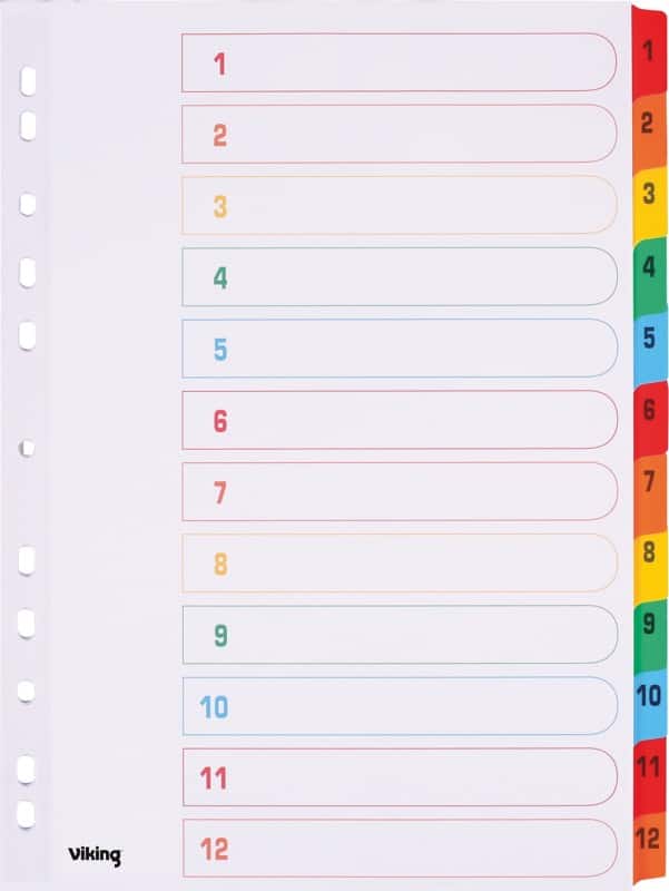 Viking Mylar 1 tot 12 Numerieke tabbladen A4 Kleurenassortiment 12 tabs Karton 11 Gaten
