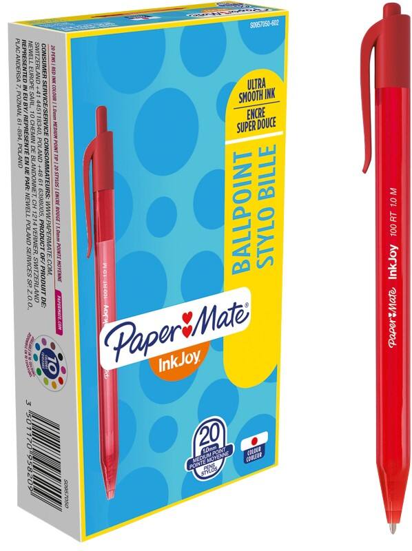 Papermate InkJoy 100 RT InkJoy Intrekbaar Balpen Rood 0,8 mm Medium Balpen 20 Stuks