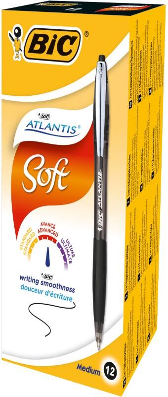 BIC Atlantis Soft Intrekbaar Balpen Zwart 0,4 mm Medium Balpen Navulbaar 12 Stuks
