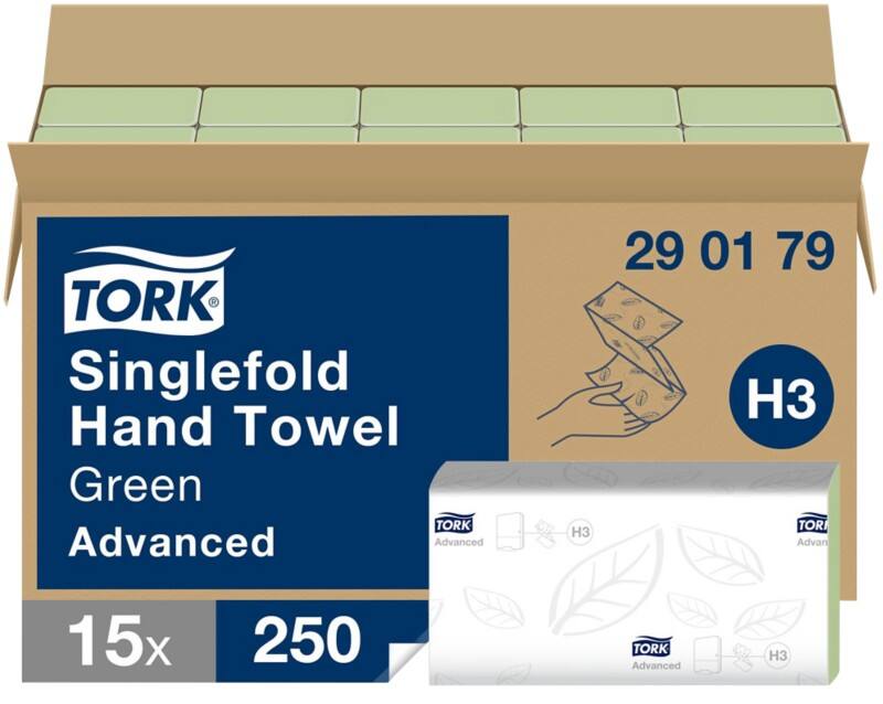 Tork Advanced 100% Gerecycled Handdoek H3 V-vouw Groen 2-laags 290179 15 Stuks à 250 Vellen