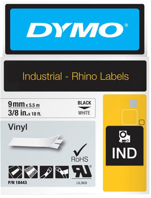 Dymo IND S0718580 / 18443 Authentiek Rhino Vinyl Labeltape Zelfklevend Zwart op wit 9 mm x 5.5m
