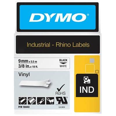 Dymo IND S0718580 / 18443 Authentiek Rhino Vinyl Labeltape Zelfklevend Zwart op wit 9 mm x 5.5m