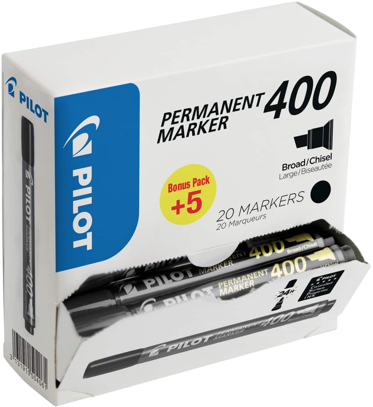 Pilot 400 Permanent Marker Fijn Schuine Punt Zwart 20 Stuks