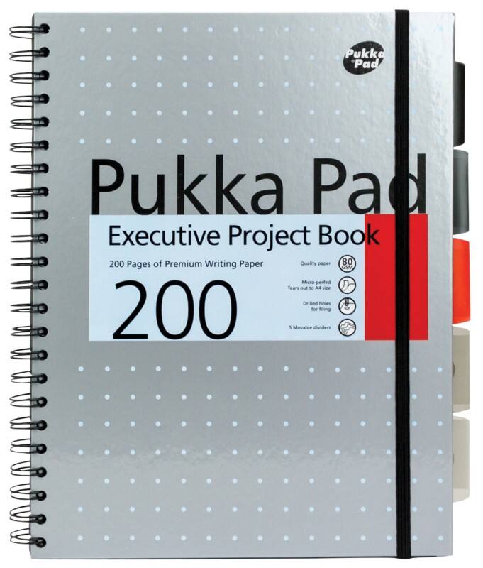 Pukka Pad Projectboek Metallic Executive A4+ Gelinieerd Spiraalgebonden Karton Harde rug Grijs Geperforeerd 200 Pagina's 3 Stuks