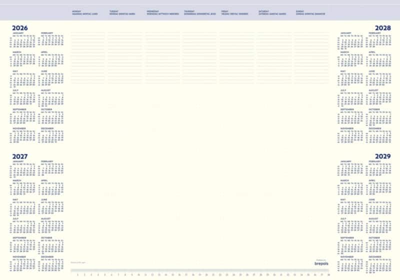 Brepols Bureauonderlegger 2026, 2027, 2028, 2029 1 Jaar per pagina Duits, Engels, Frans, Nederlands 5 (B) x 59 (D) x 41,2 (H) cm Crème 50 Vellen