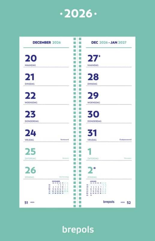 Brepols Jaarkalender 2026 1 Week per pagina Nederlands 31 (B) x 0,5 (D) x 10 (H) cm Blauw
