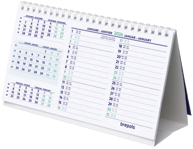 Brepols Bureaukalender 2026 3 Maanden per pagina Duits, Frans, Engels, Nederlands 12,5 (B) x 0,3 (D) x 21 (H) cm Wit