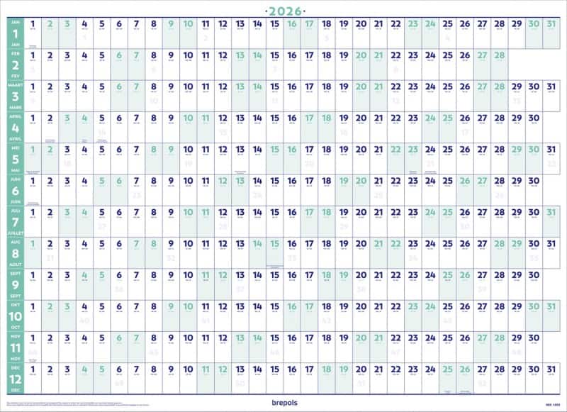 Brepols Jaarplanner 2026 1 Jaar per pagina Duits, Engels, Frans, Nederlands 59 (B) x 0,1 (D) x 82 (H) cm Blauw
