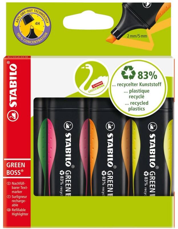 STABILO GREEN BOSS 6070/4 Tekstmarker Kleurenassortiment 83% Gerecycled Medium Beitelpunt 2 - 5 mm Navulbaar 4 Stuks