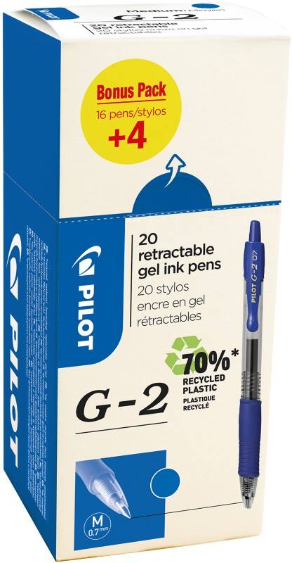 Pilot G2 Intrekbaar Rollerballpen Blauw 0,4 mm Medium Kegelvormig Navulbaar 70% Gerecycled 20 Stuks