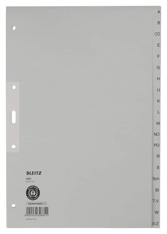 Leitz Tabbladen 4300 A4 Grijs 20 tabs 4 gaats, karton A-Z