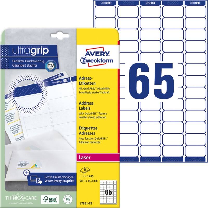 Avery UltraGrip Adresetiketten L7651-25 Klevend A4 Wit 38,1 x 21,2 mm 25 Vellen à 65 Etiketten