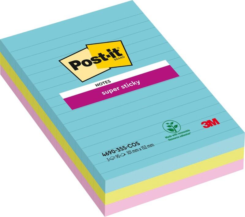 Post-it Miami Super Sticky Notes 101 x 152 mm Kleurenassortiment Rechthoekig Gelinieerd 3 Stuks à 90 Vellen