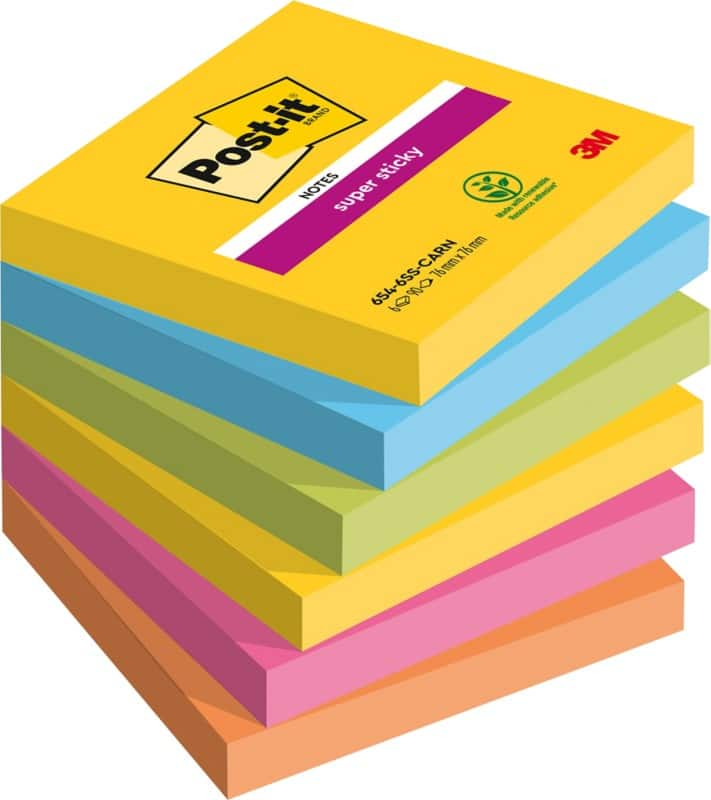 Post-it carnival super sticky notes 76 x 76 mm kleurenassortiment vierkant blanco 6 blokken ã  90 vellen