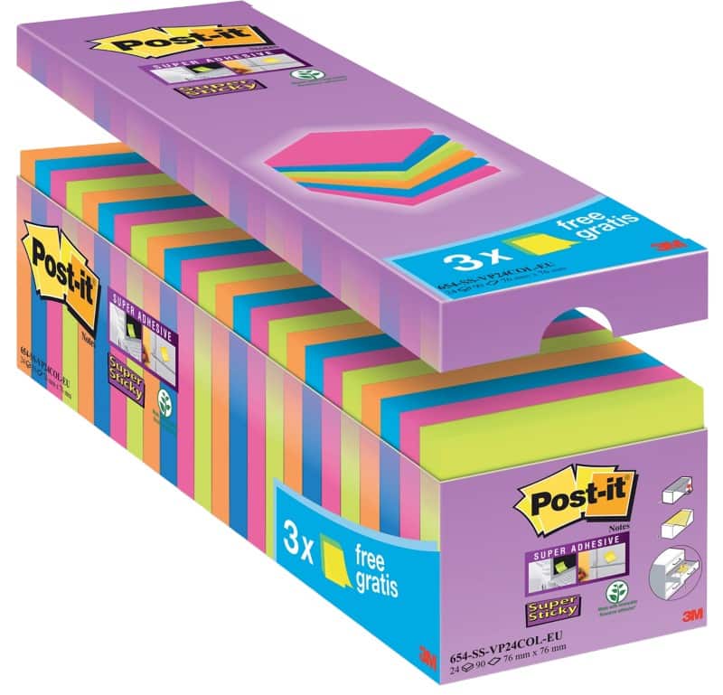 Post-it super sticky notes 76 x 76 mm neon kleuren 90 vellen voordeelpak 21 blokken + 3 gratis