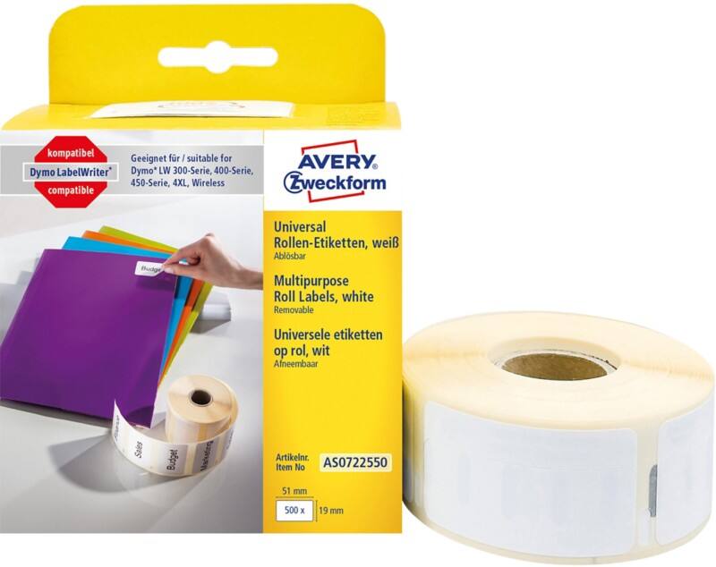 Avery Multifunctioneel etiket AS0722550 AS0722550 Klevend 19 x 51 mm 1 Rollen à 500 Etiketten
