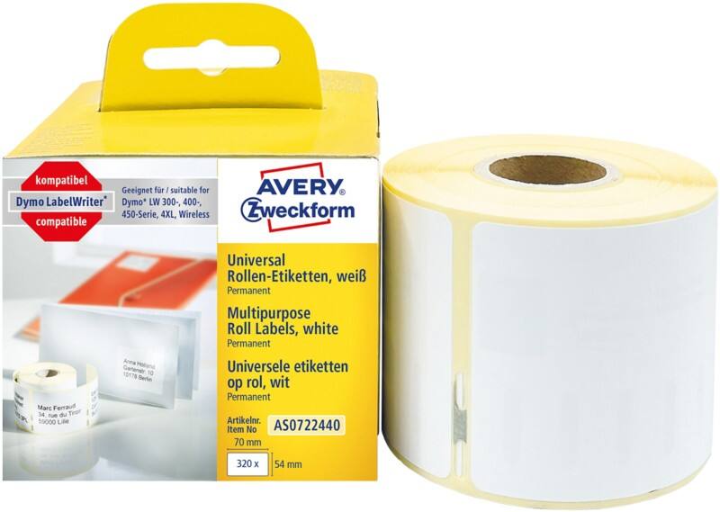 Avery Multifunctionele etiketten AS0722440 AS0722440 Klevend 54 x 70 mm 1 Rollen à 320 Etiketten