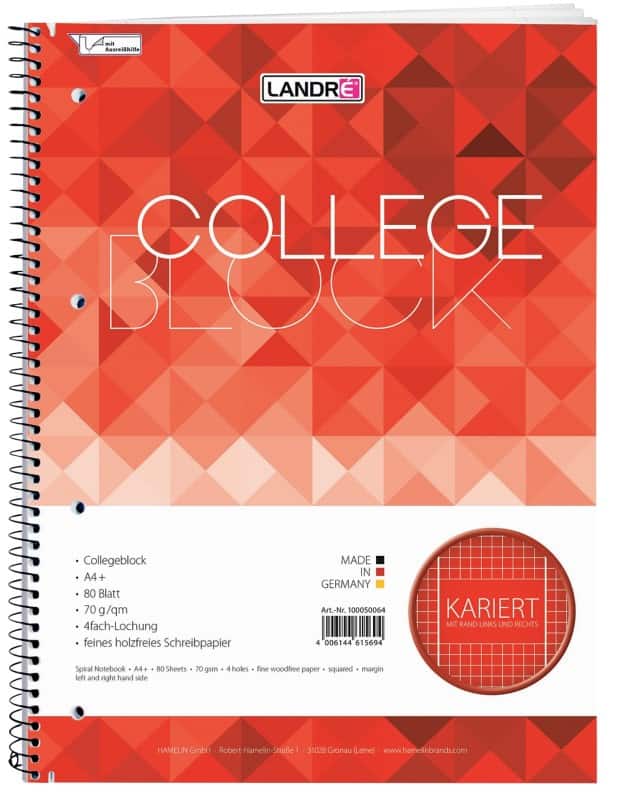 LANDRÉ Schrijfblok A4+ Geruit Spiraal gebonden Karton Geperforeerd 160 Pagina's