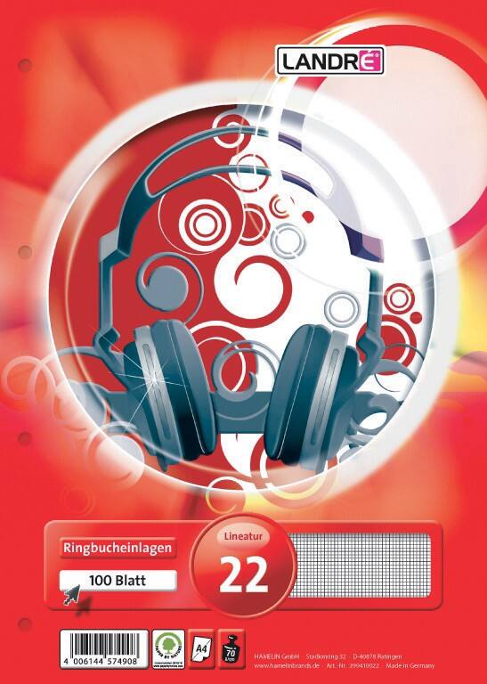 LANDRÉ Schrijfpapier Gelijmd A4 Geruit Gelamineerd karton Rood, Wit Geperforeerd 200 Pagina's 100 Vellen