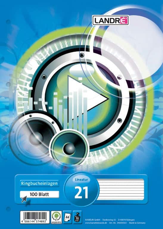 LANDRÉ Schrijfpapier Gelijmd A4 Gelinieerd Gelamineerd karton Blauw Geperforeerd 200 Pagina's 100 Vellen