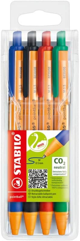 STABILO pointball inklapbaar Balpen Kleurenassortiment 0.5 mm Medium Balpen Navulbaar Recycled 4 Stuks