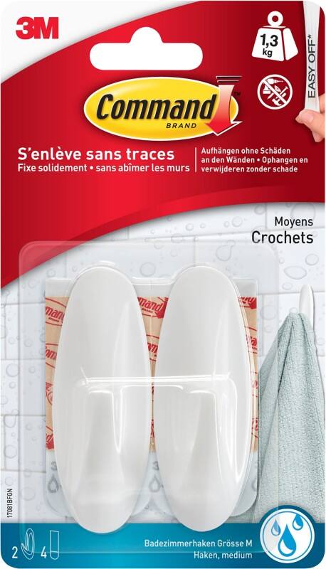 Command Middelgrote designhaken voor badkamer waterbestendig 2 Zelfklevende haken + 4 Bevestigingsstrips Wit