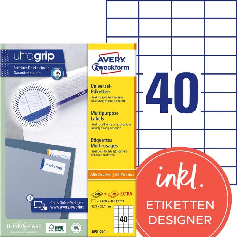 Avery Ultragrip Etiketten 3651-200 Klevend A4 Wit 52,5 x 29,7 mm 220 Vellen à 40 Etiketten