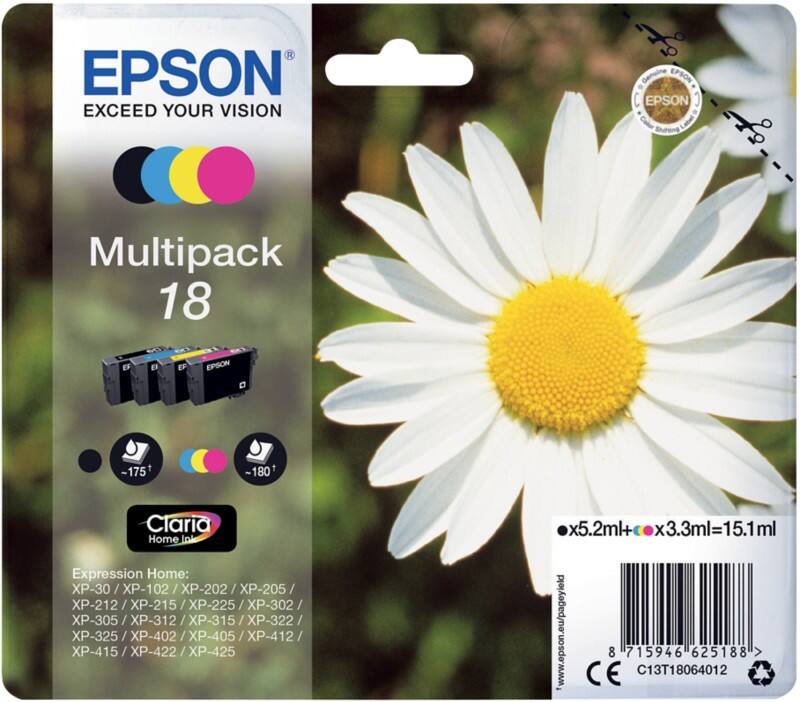 Epson 18 Origineel Inktcartridge C13T18064012 Zwart, cyaan, magenta, geel Multipack 4 Stuks