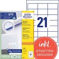 Avery Ultragrip Laser Etiketten 3670 Klevend A4 Wit 64 x 36 mm 100 Vellen à 21 Etiketten