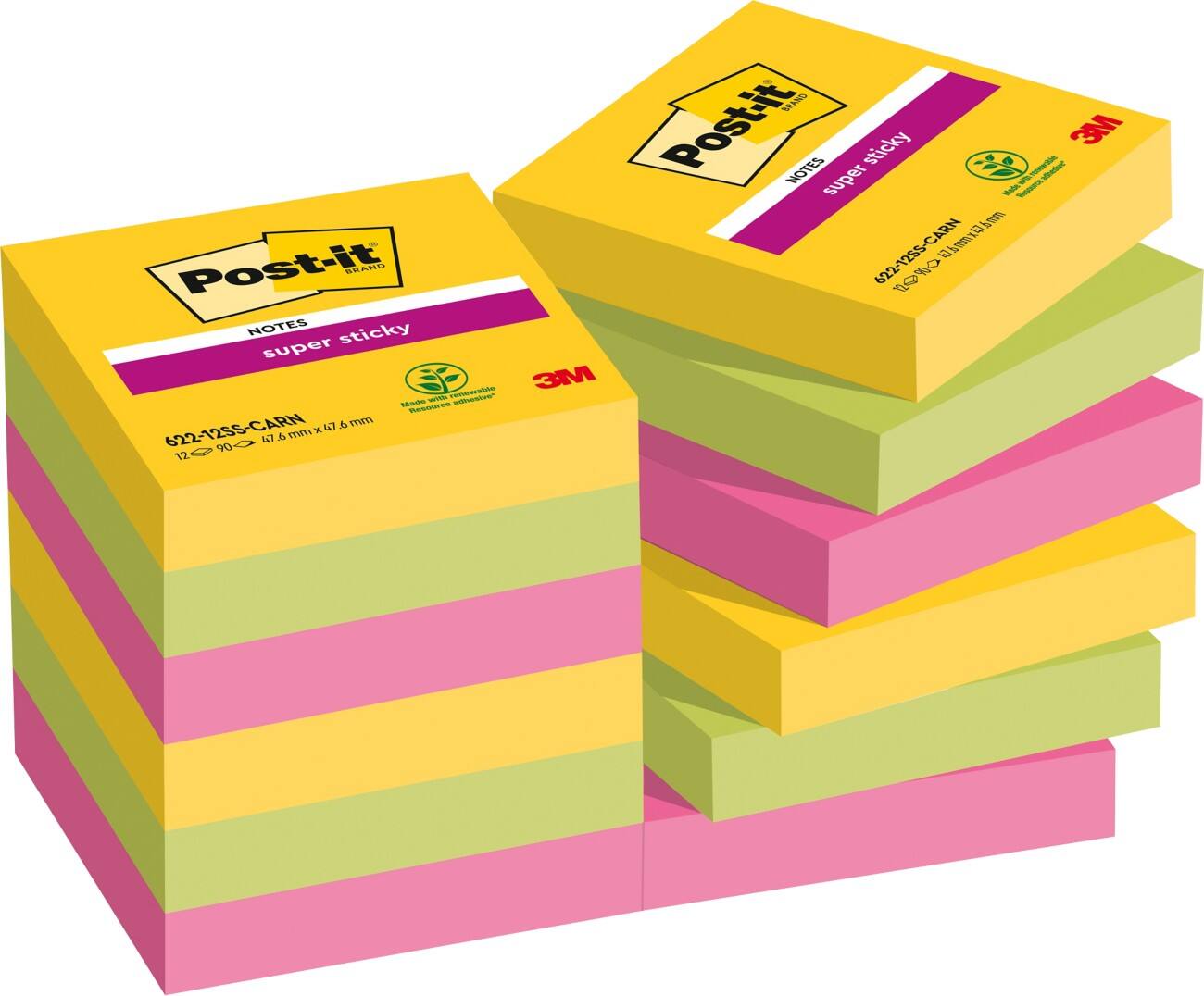 Post-it Super Sticky Notes 47,6 x 47,6 mm Rio Kleuren 12 Blokken van 90 Vellen