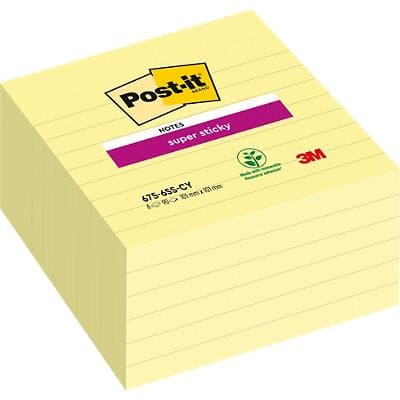 Post-it Super Sticky Notes 101 x 101 mm Kanariegeel Vierkant Gelinieerd 6 blokken à 90 Vellen